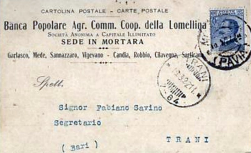 Cartolina 1922 Banca Popolare Cooperativa Agricola della Lomellina.jpg